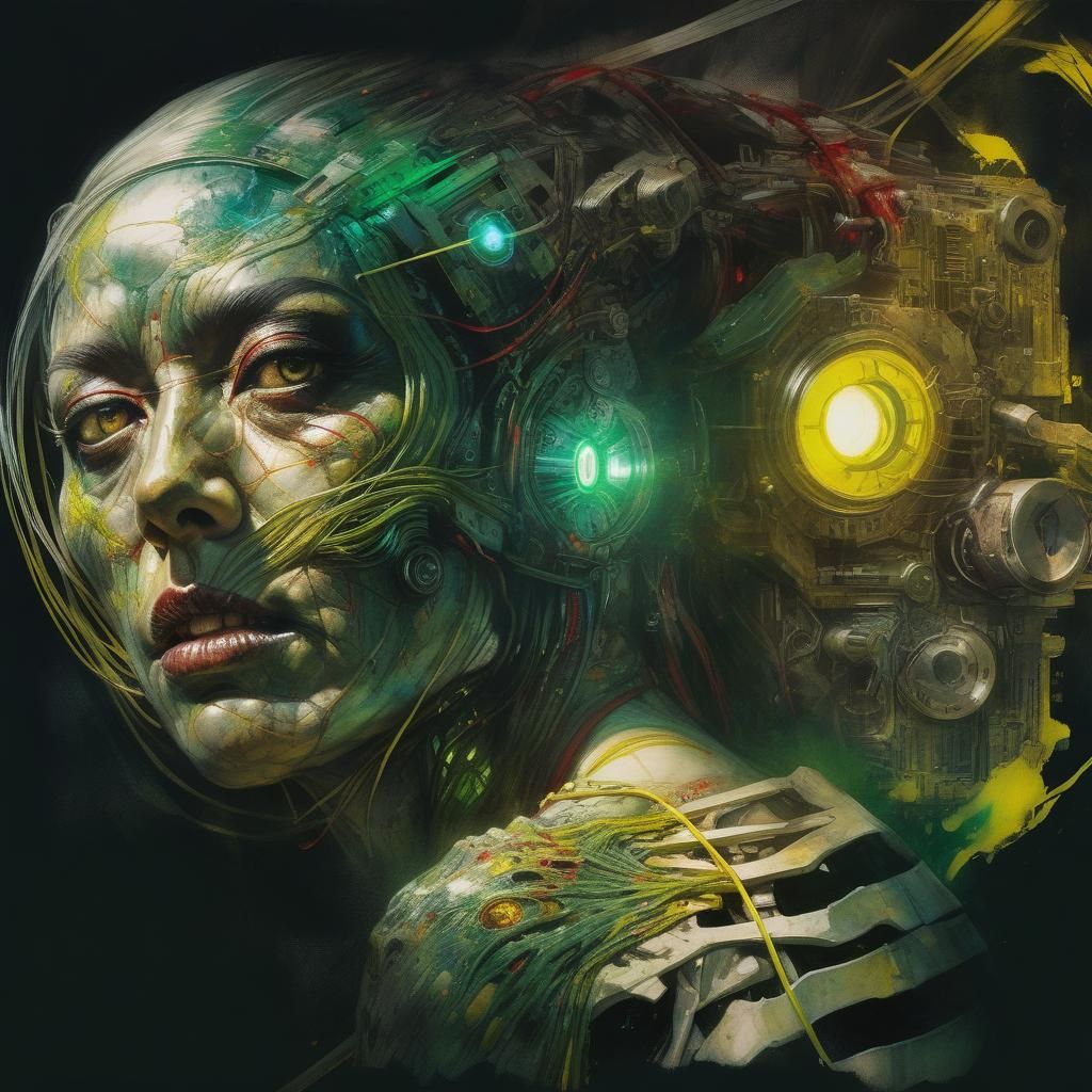 Cybernetic Body Horror Monster in Neon Wasteland