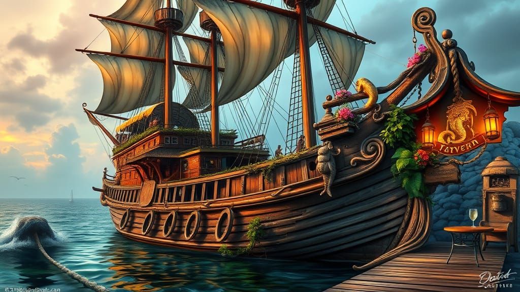Majestic Pirate Ship Tavern in Secluded Cove