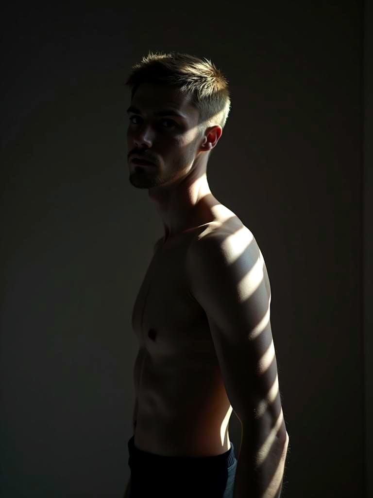 Contemplative Figure in Slatted Light, Geometric Shadows