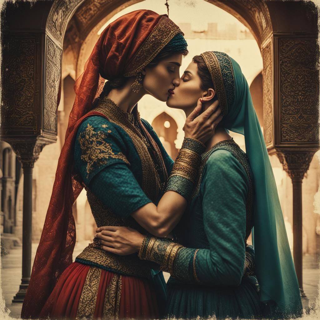 Ottoman Women Share a Kiss: Cinematic Film Still