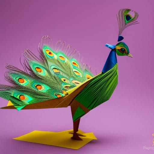 Colorful Origami Peacock Paper Sculpture in 8K