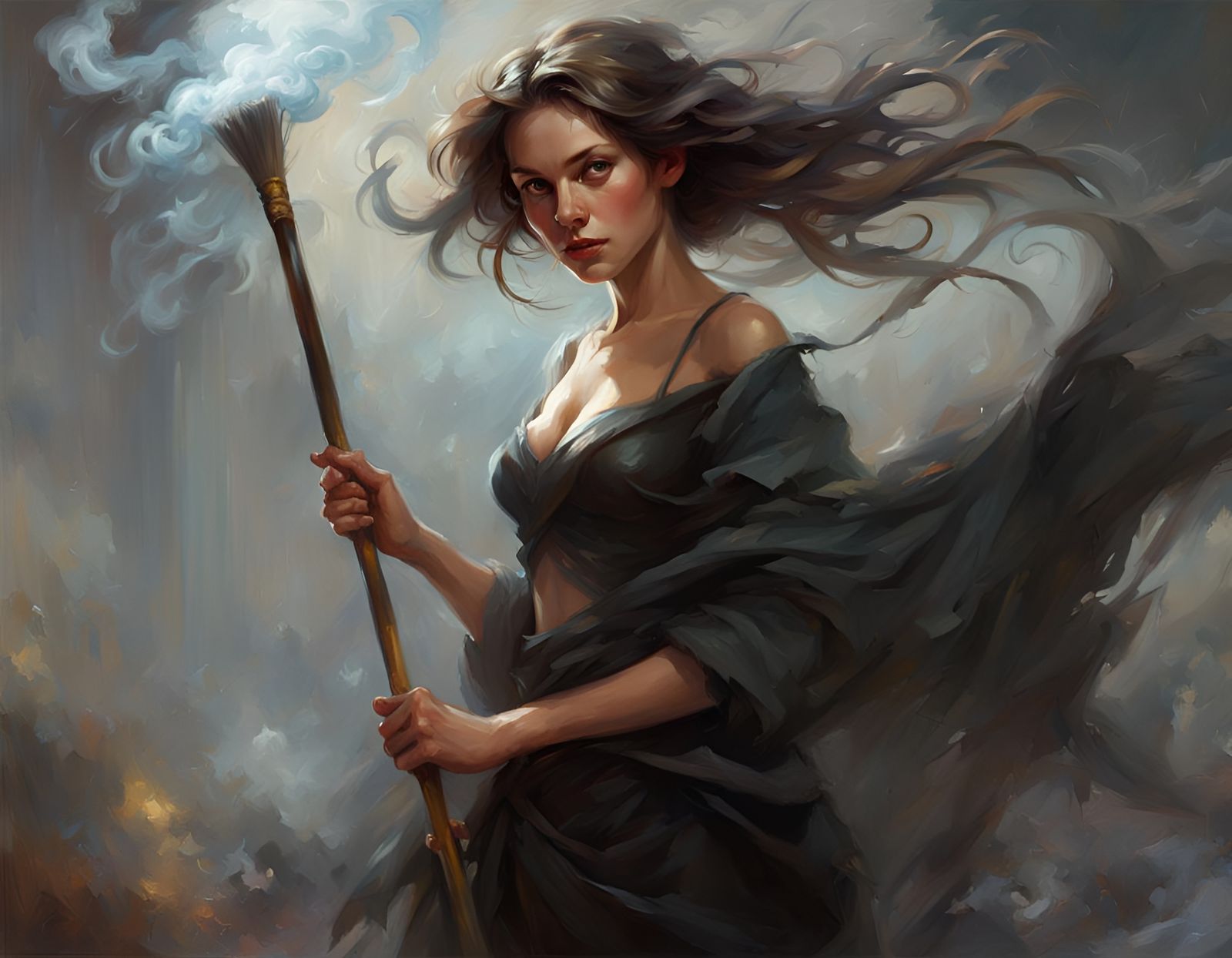 Mystical Woman with Broom in Smoky Fantasy Art
