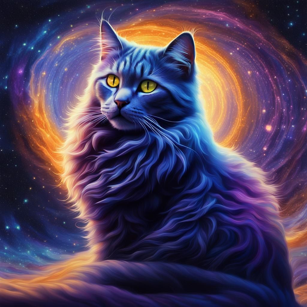 Cosmic Feline Reflecting a Galaxy, Fantasy Concept Art
