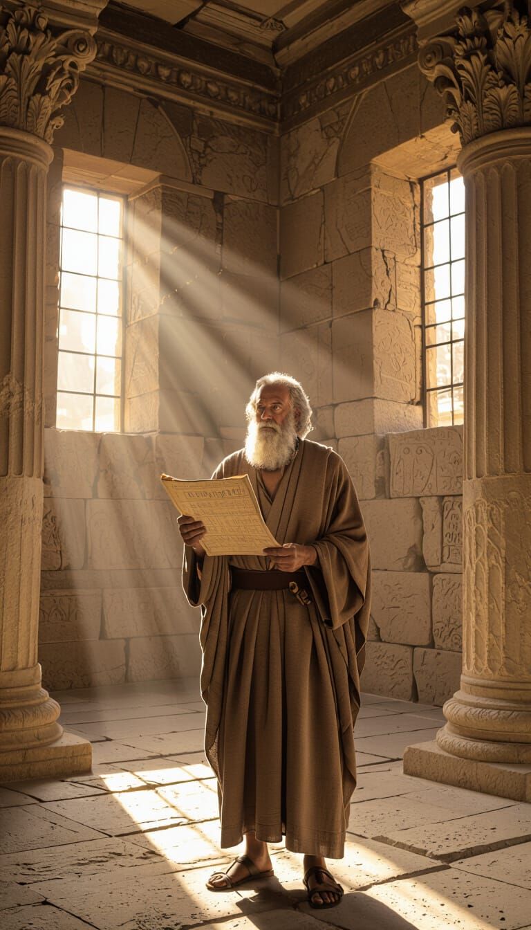 Prophet Isaiah in Ancient Temple, Golden Light, Holding Scro...