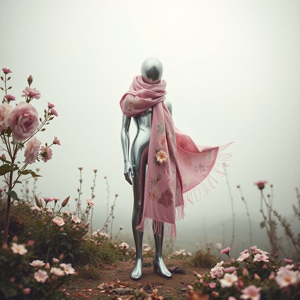 Metallic Figure with Floral Scarf in Surreal Landscape