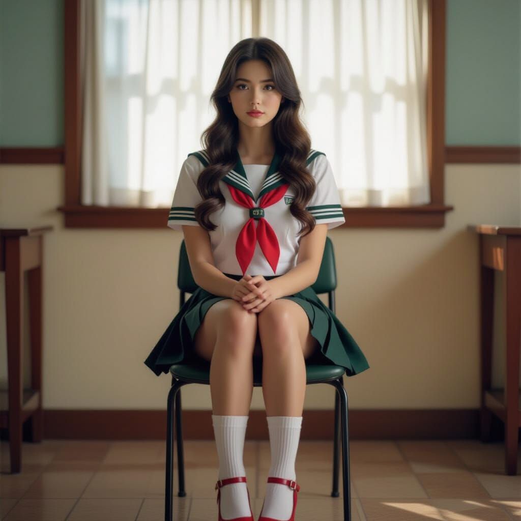 Pretty Young Woman in Sailor Uniform with Wavy Hair