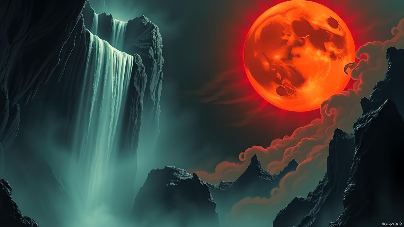 Waterfall of Souls Under Crimson Moon in Horror Style