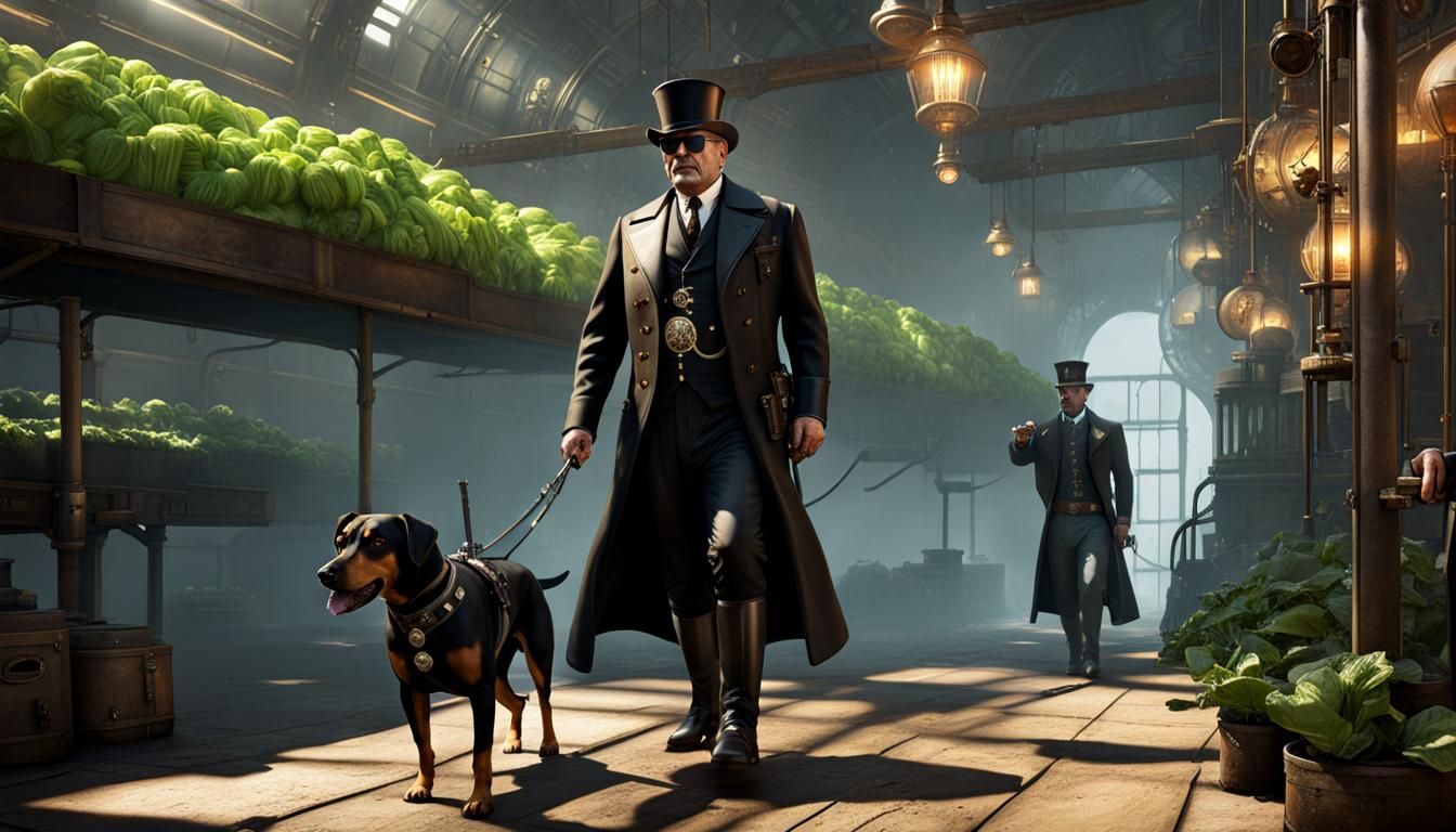 Steampunk Watchguard with Dobermann in Hydroponic Garden