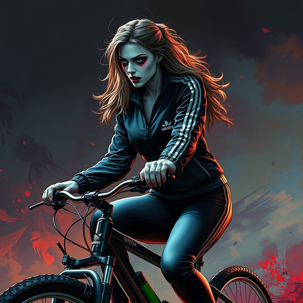 Vampire Woman Rides Electric Bicycle in Hyperrealistic Splas...