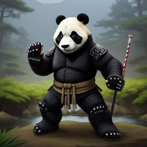 Japanese brown, and black robot, warrior PANDA, 8ft tall, he secures the sacred lands of Japanese, making sure all the f...