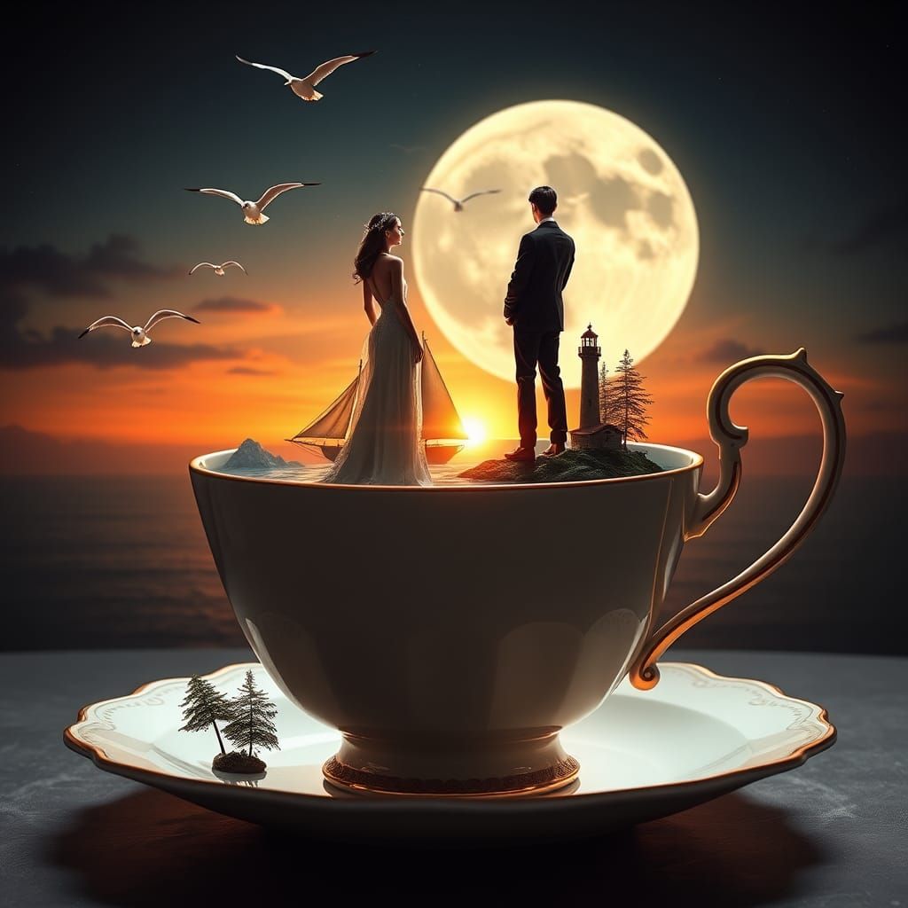 Miniature Seascape on Teacup at Sunset