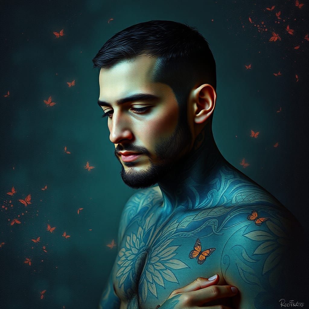 Tattooed Man in Pointillist Concept Art Style