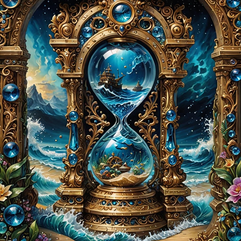 Ornate Hourglass Filled with Ocean, Fantasy Art