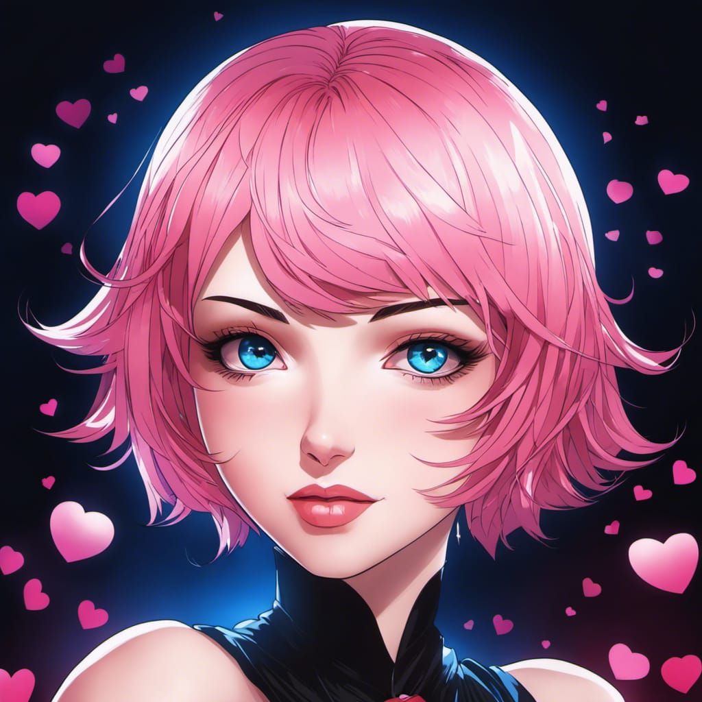 Anime Portrait: Woman with Pink Hair and Blue Eyes