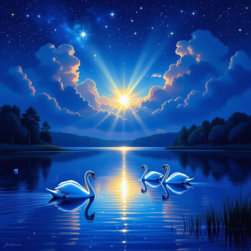 Ethereal Lake with Swans Under a Starry Sky