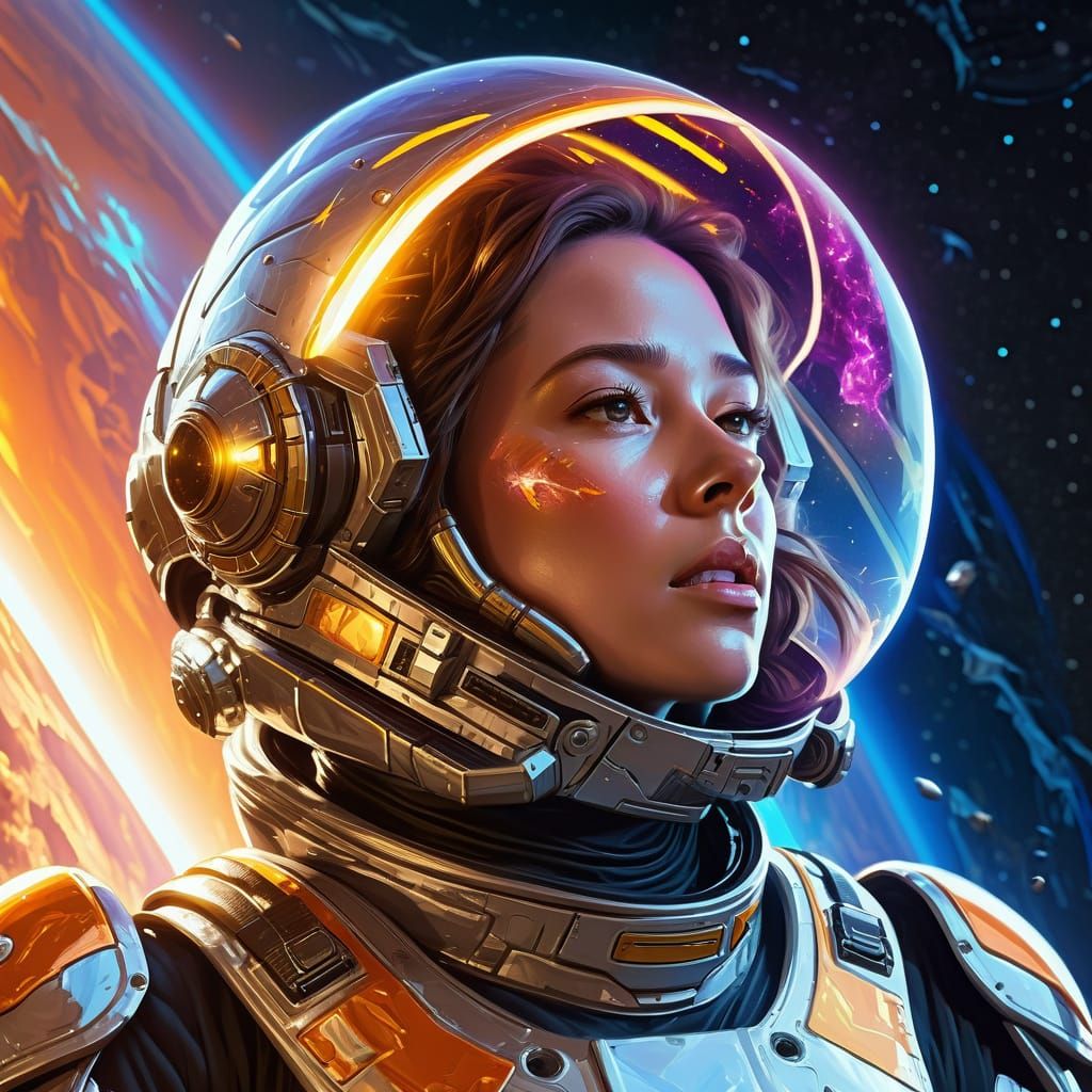 Her reflective space armored space suit is emminating a sola...