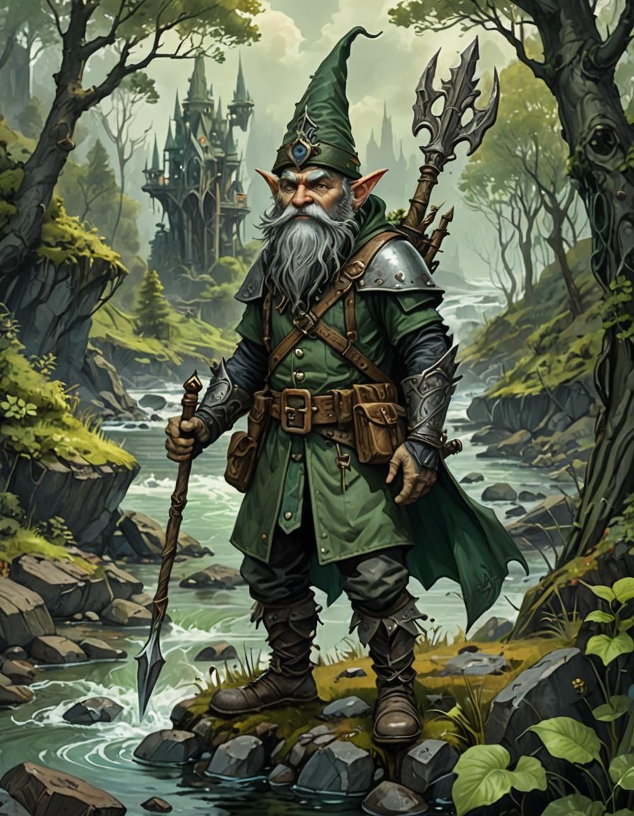 Steampunk Forest Gnome with Trident, Watercolor Art