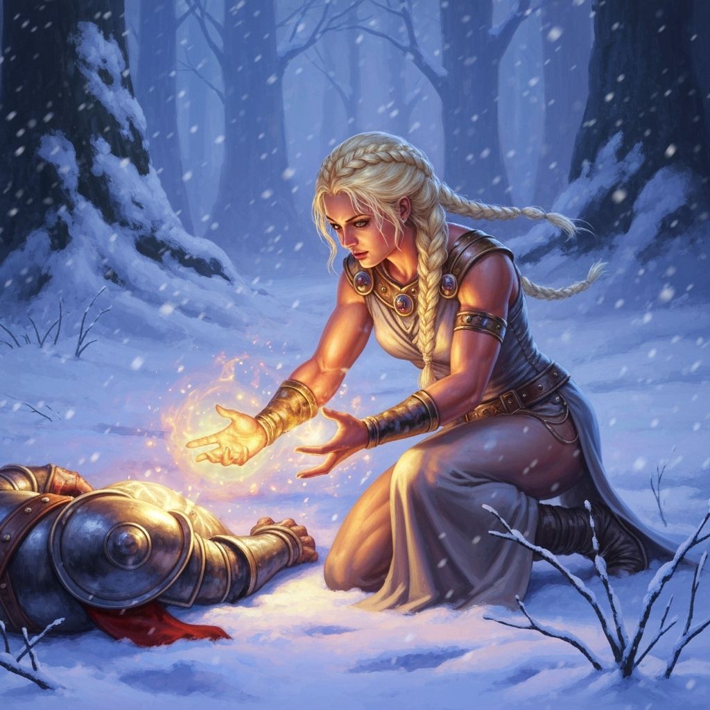 Priestess Heals Warrior in Snowy Forest, Fantasy Art