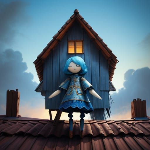 Whimsical Wooden Puppet Doll on a Roof
