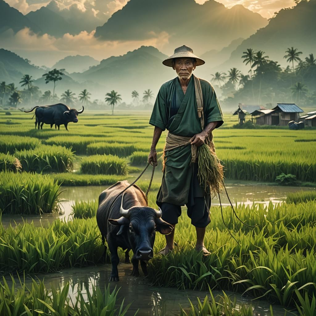 Asian Man and Buffalo in Golden Hour: Matte Painting