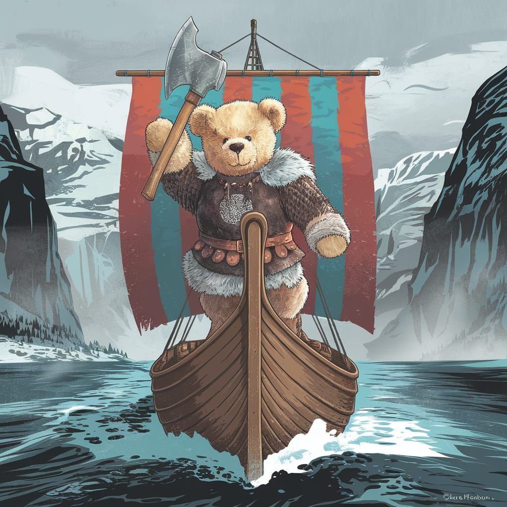 Teddy Bear Viking Warrior Sails Fjord in Norse Saga Style