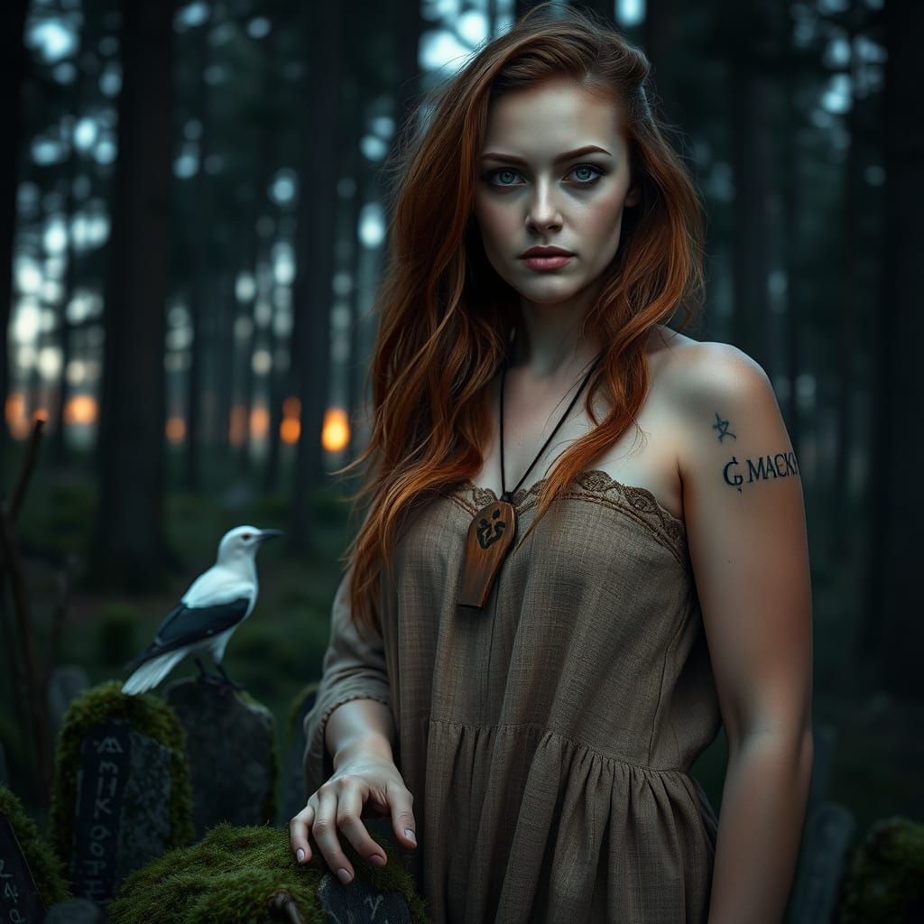 Slavic Woman in Ancient Forest at Twilight