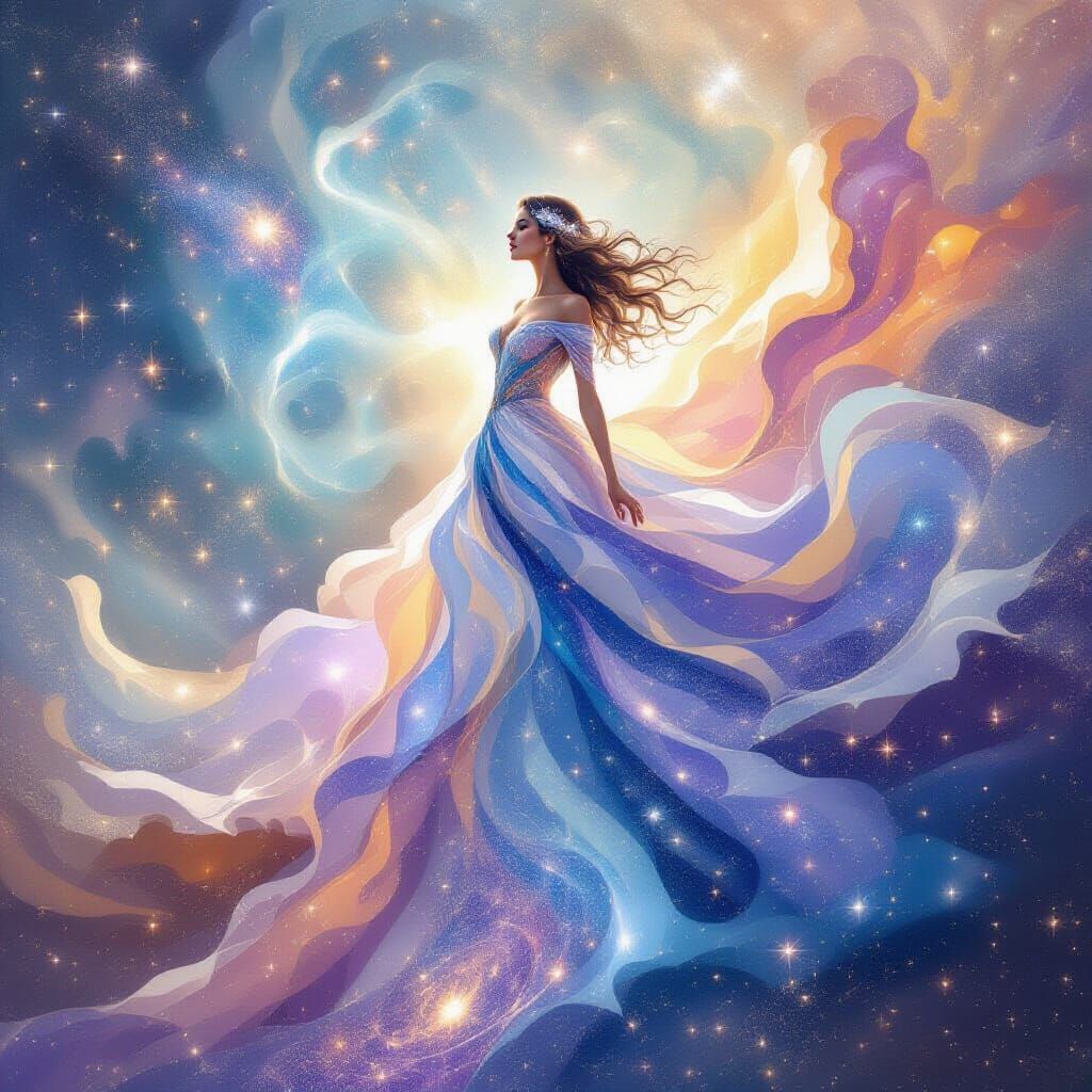 Celestial Being in Nebula Dress Drifts Through Cosmos