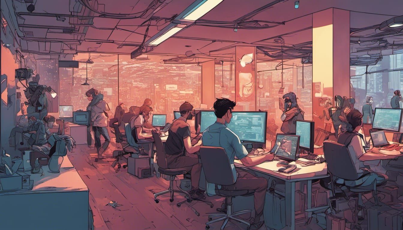 Enthusiastic Coders Collaborate in Comic Book Style