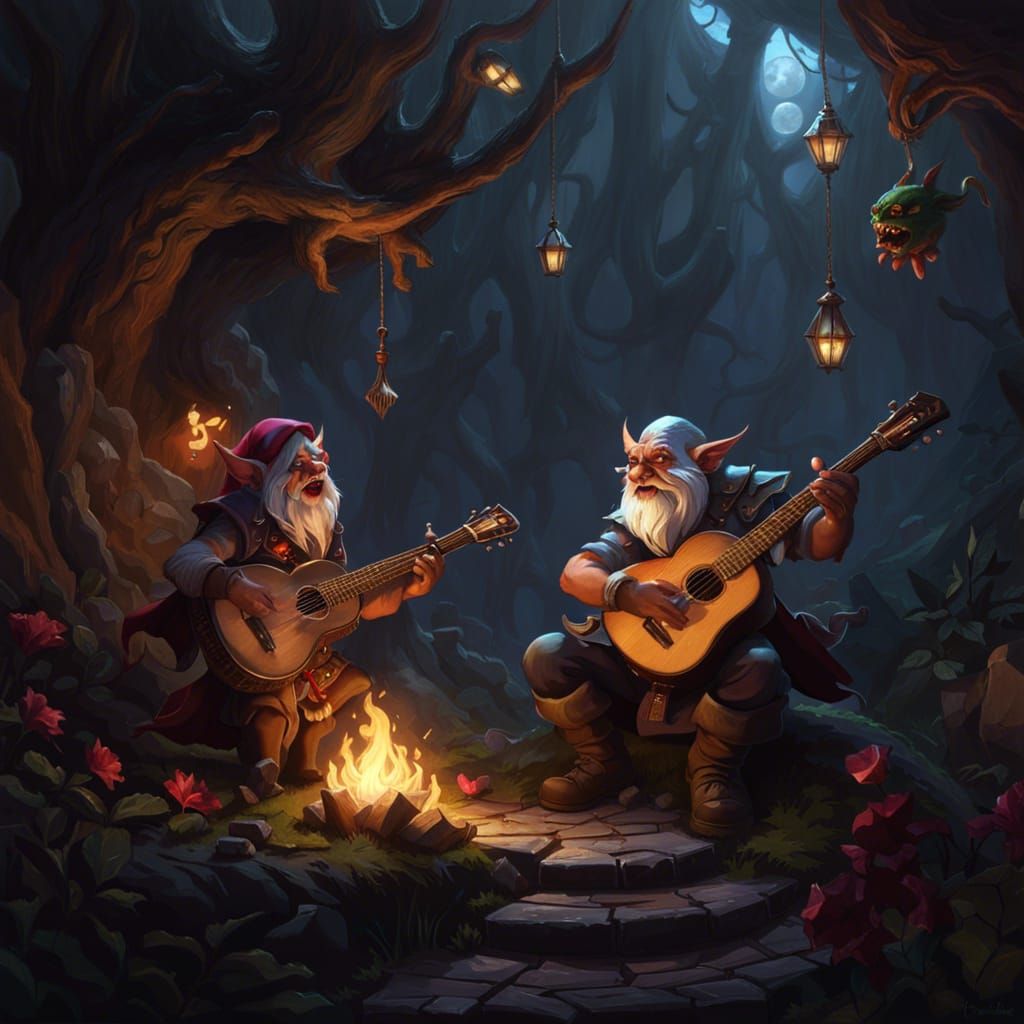 Gnome Sings to Demon Girl: Dark Fantasy Art