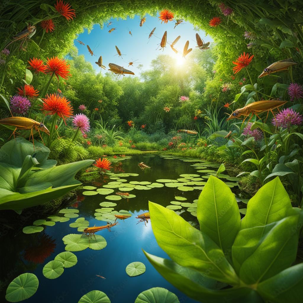 Katydid's Colorful Garden View, Hyperdetailed Photo