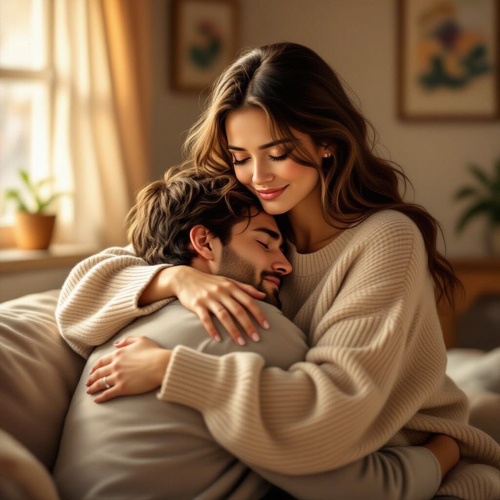 Empathic Woman Comforts Crying Man in Cozy Living Room