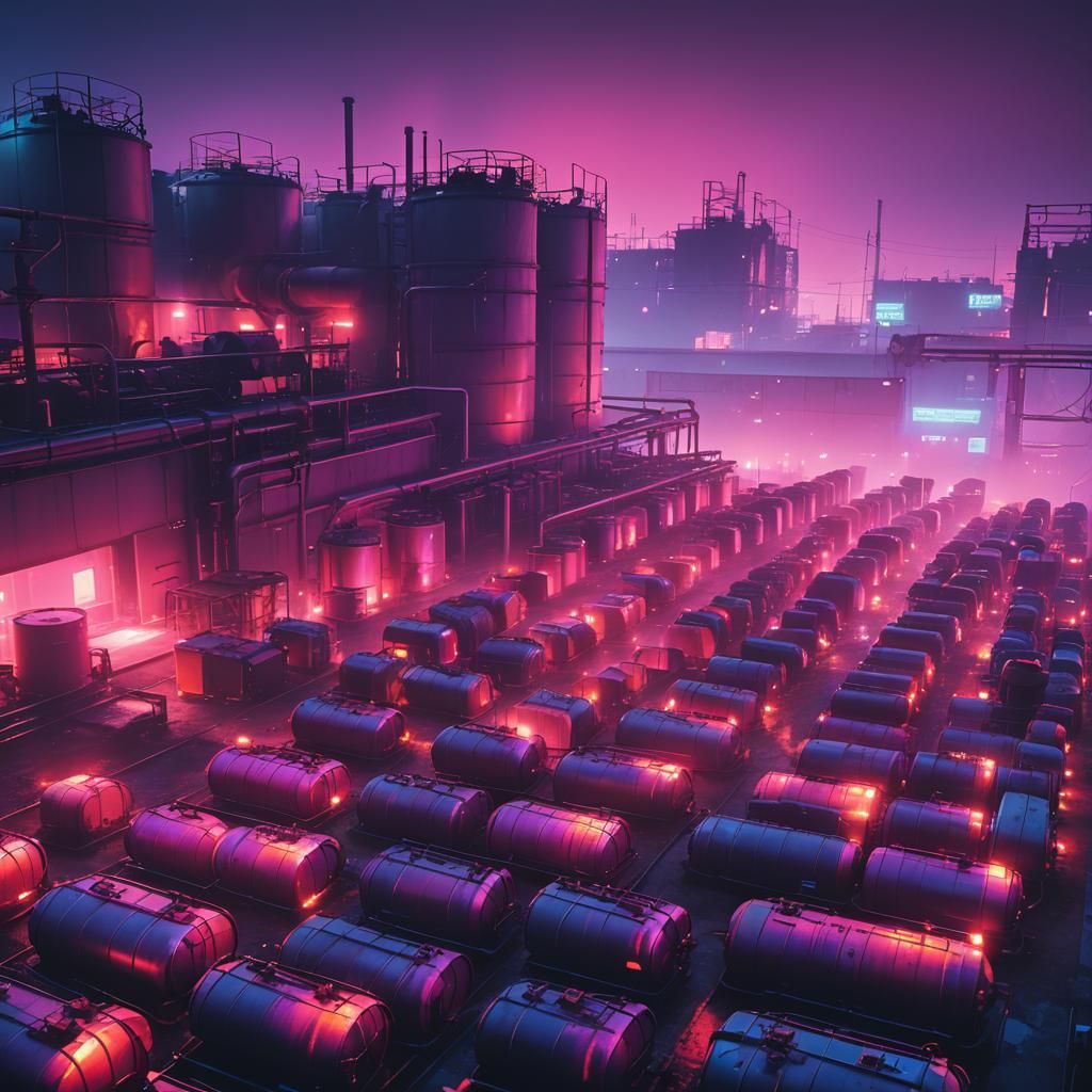 Synthwave Fuel Tanks in Retro Industrial Yard