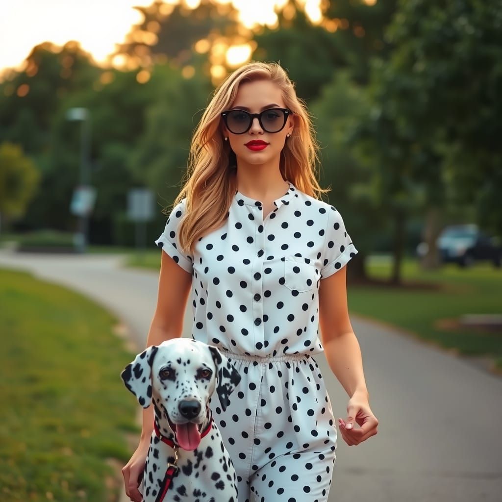 Stylish Woman with Dalmatian in Golden Hour Light