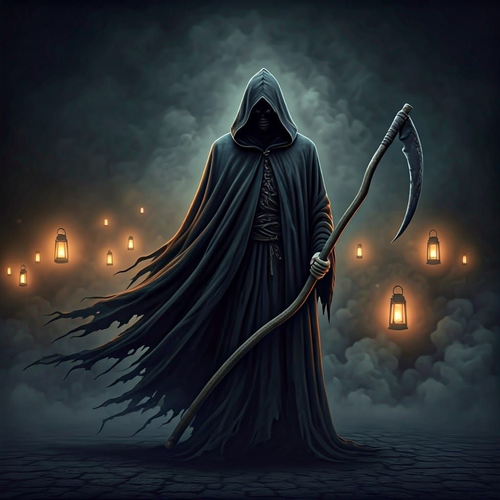 Ominous Figure with Scythe in Ethereal Mist
