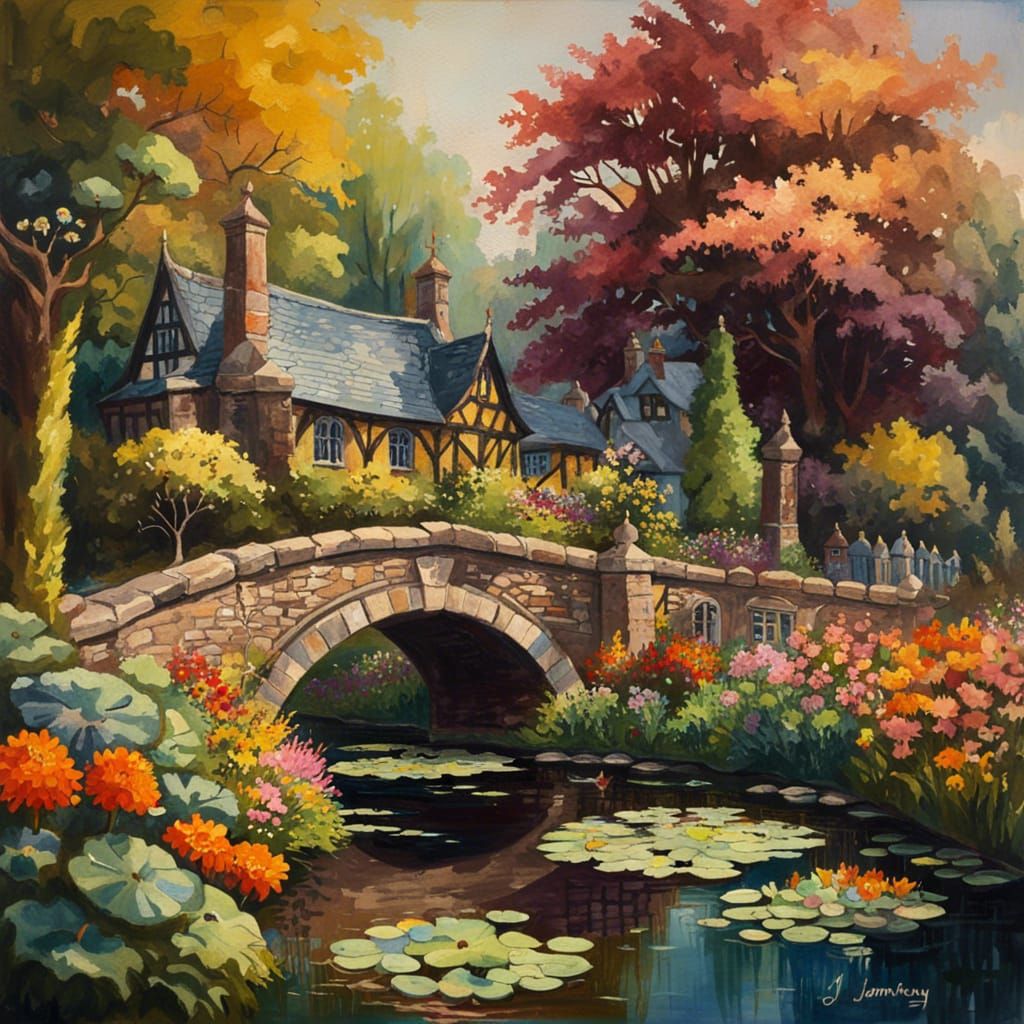 Cottagecore Village with Chrysanthemum Garden, Impressionist...