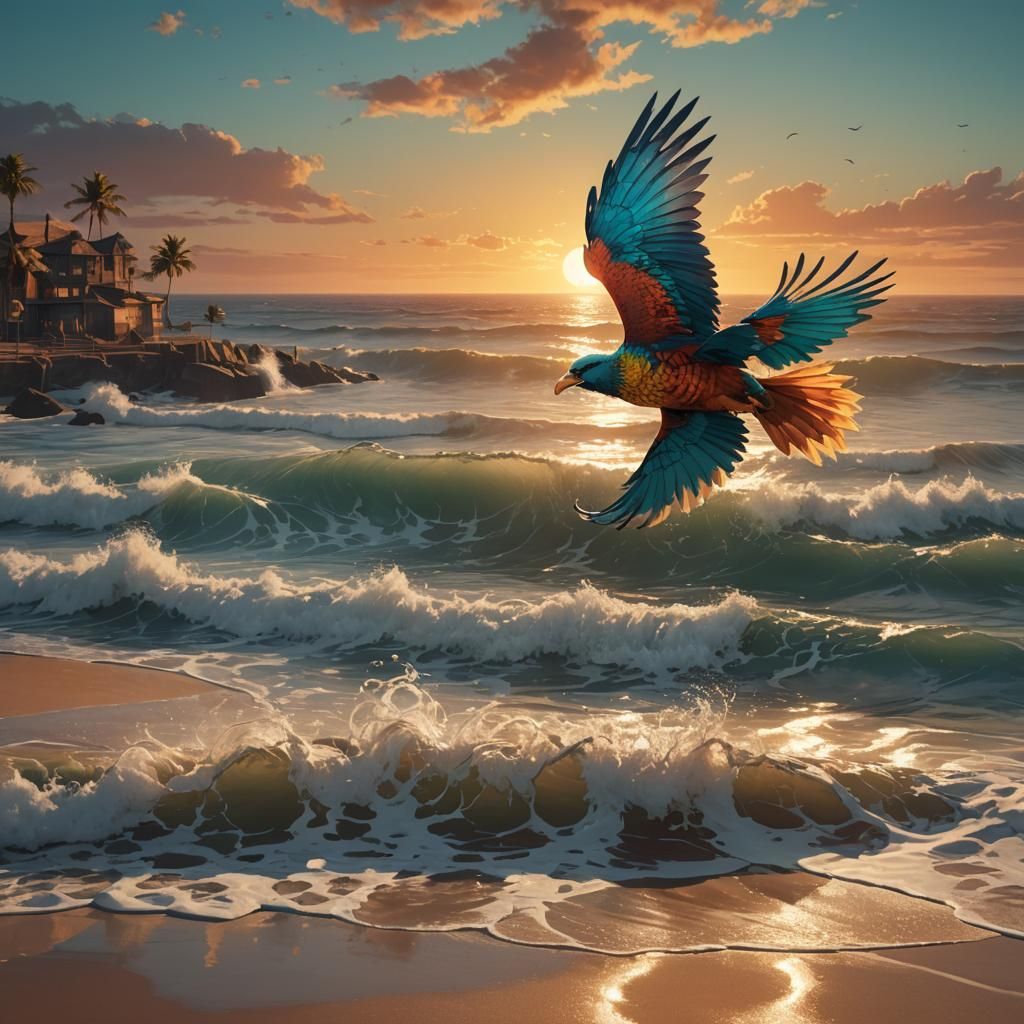 Sunset Beach Bird Generates Waves, Hyperdetailed Art