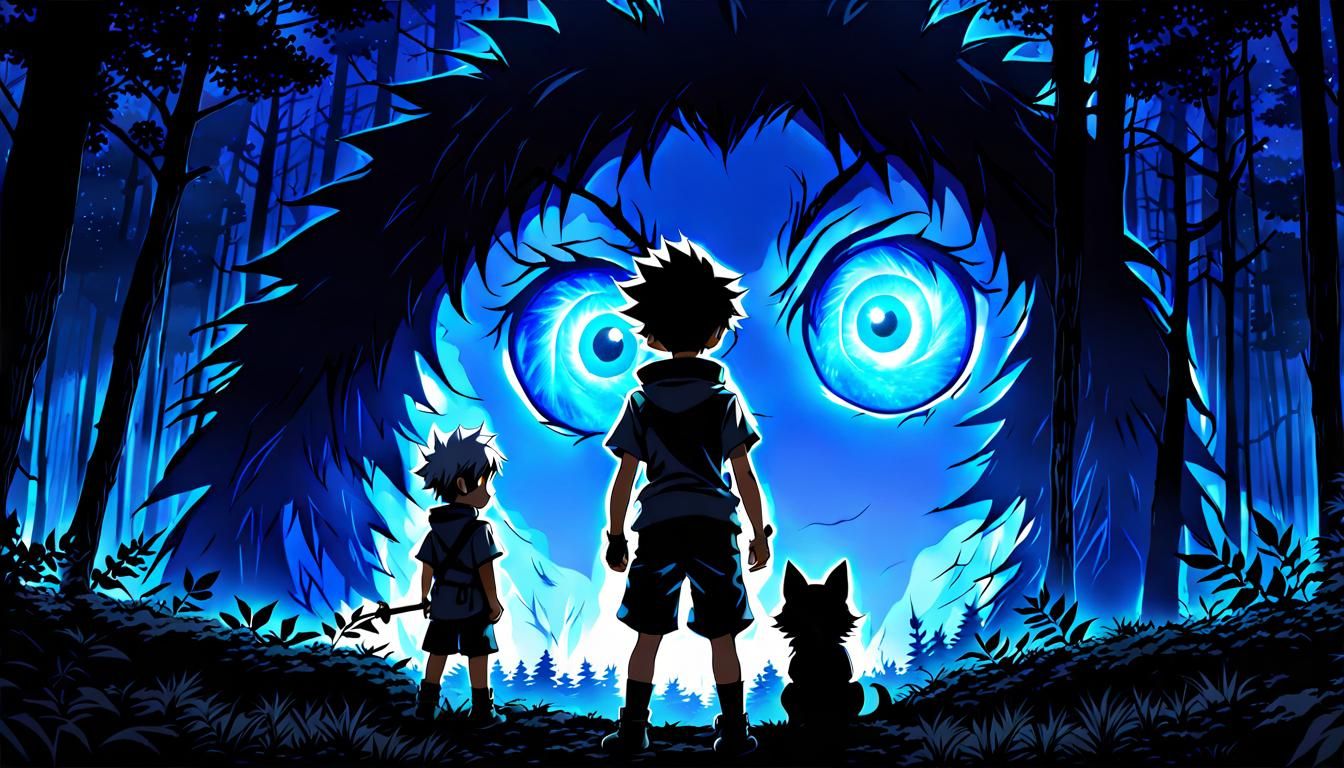 Gon and Killua Face Dark Monster in Anime Style