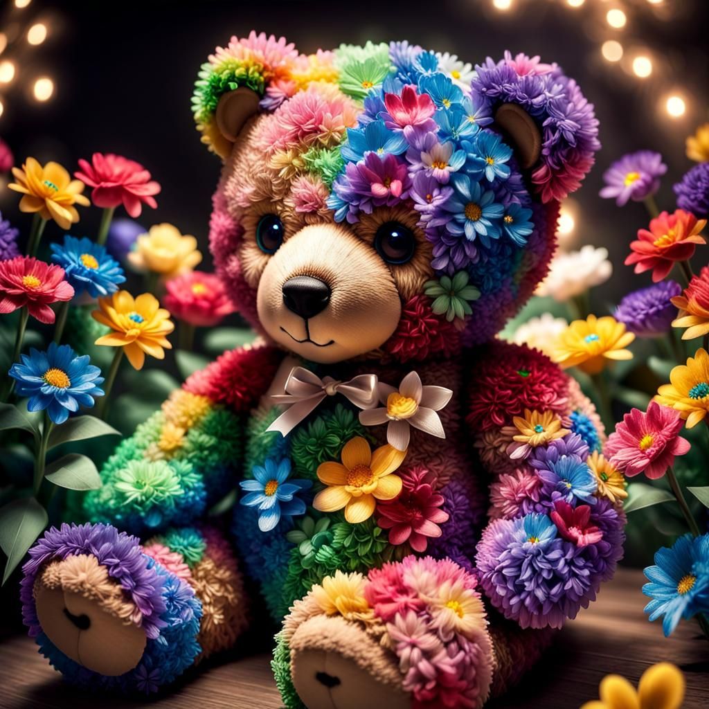 Rainbow Flower Teddy Bear with Twinkle Lights