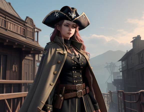 Anime Woman in Pirate Detective Cowboy Fusion Outfit