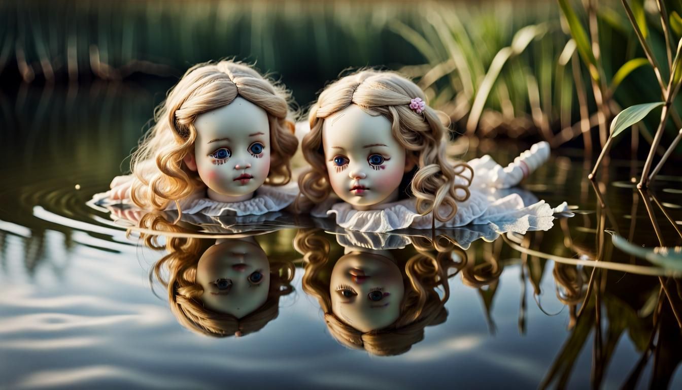 Eerie Dolls Reflect in Surreal Pond, Photorealistic