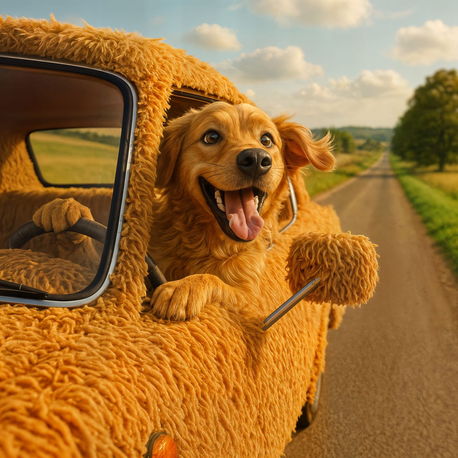 CGI Dog Drives Shag Carpet Car on Country Road