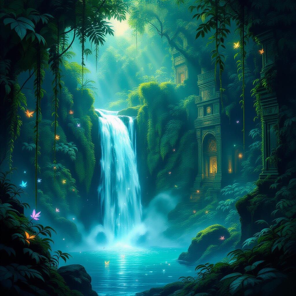 Bioluminescent Grotto Waterfall in Lush Jungle Ruins