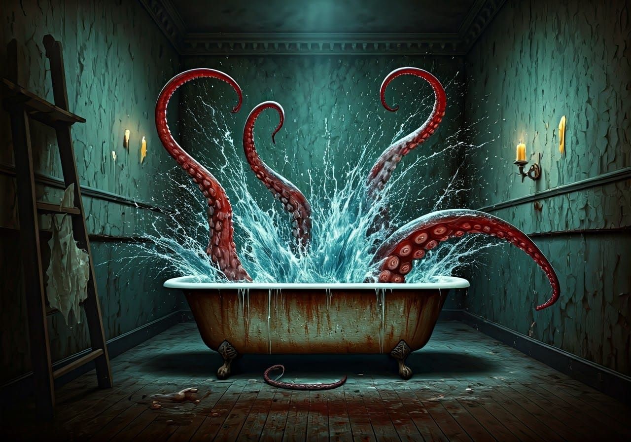 Horrific Tentacles Erupt from Bathtub in Gothic Horror Style