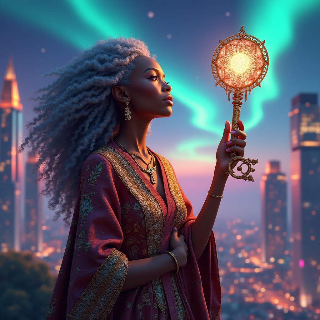Elder Goddess Holds Cosmic Key in Vibrant Urban Dreamscape