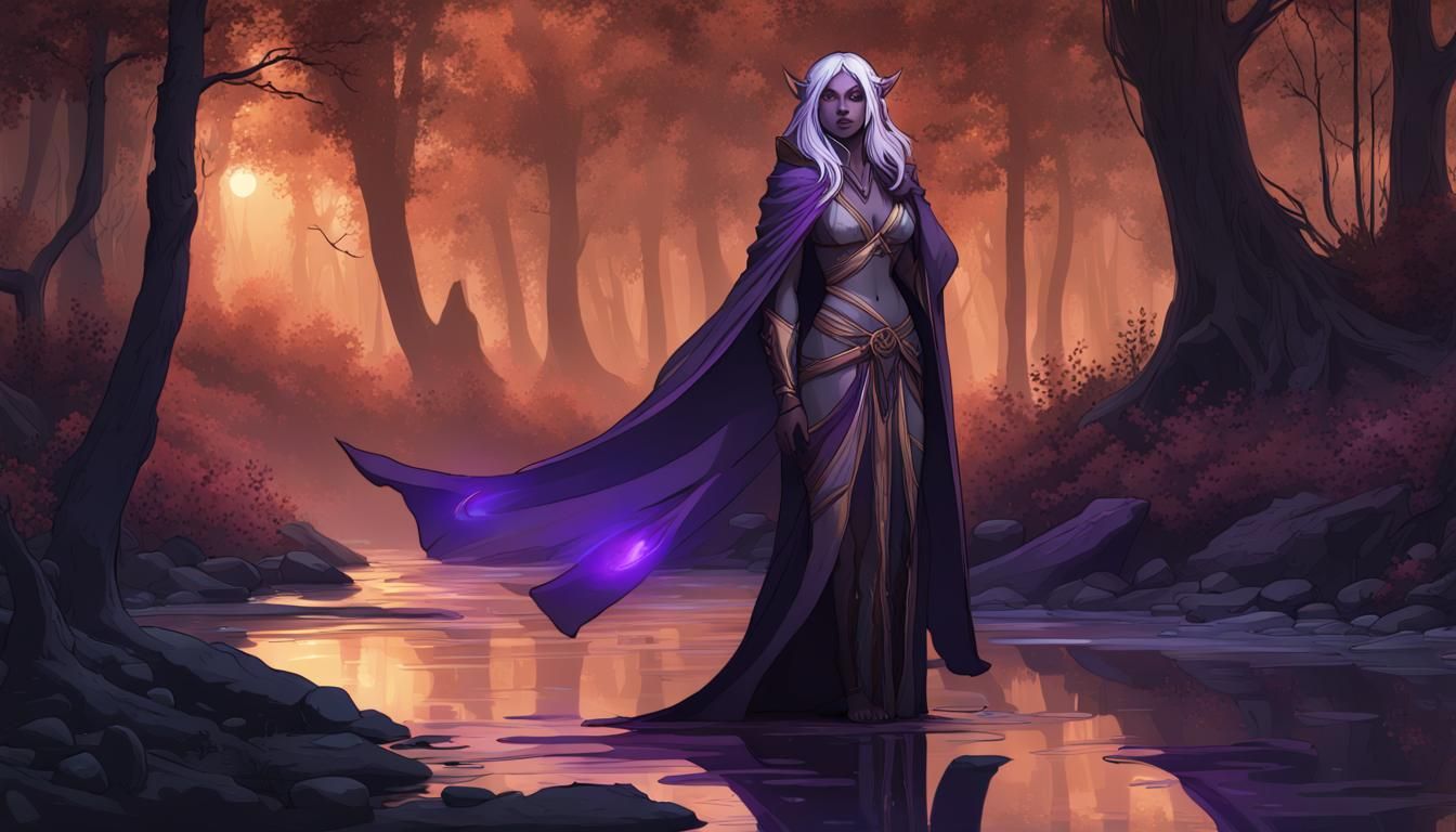 Anime Dark Elf Sorcerer in Forest, Detailed Art