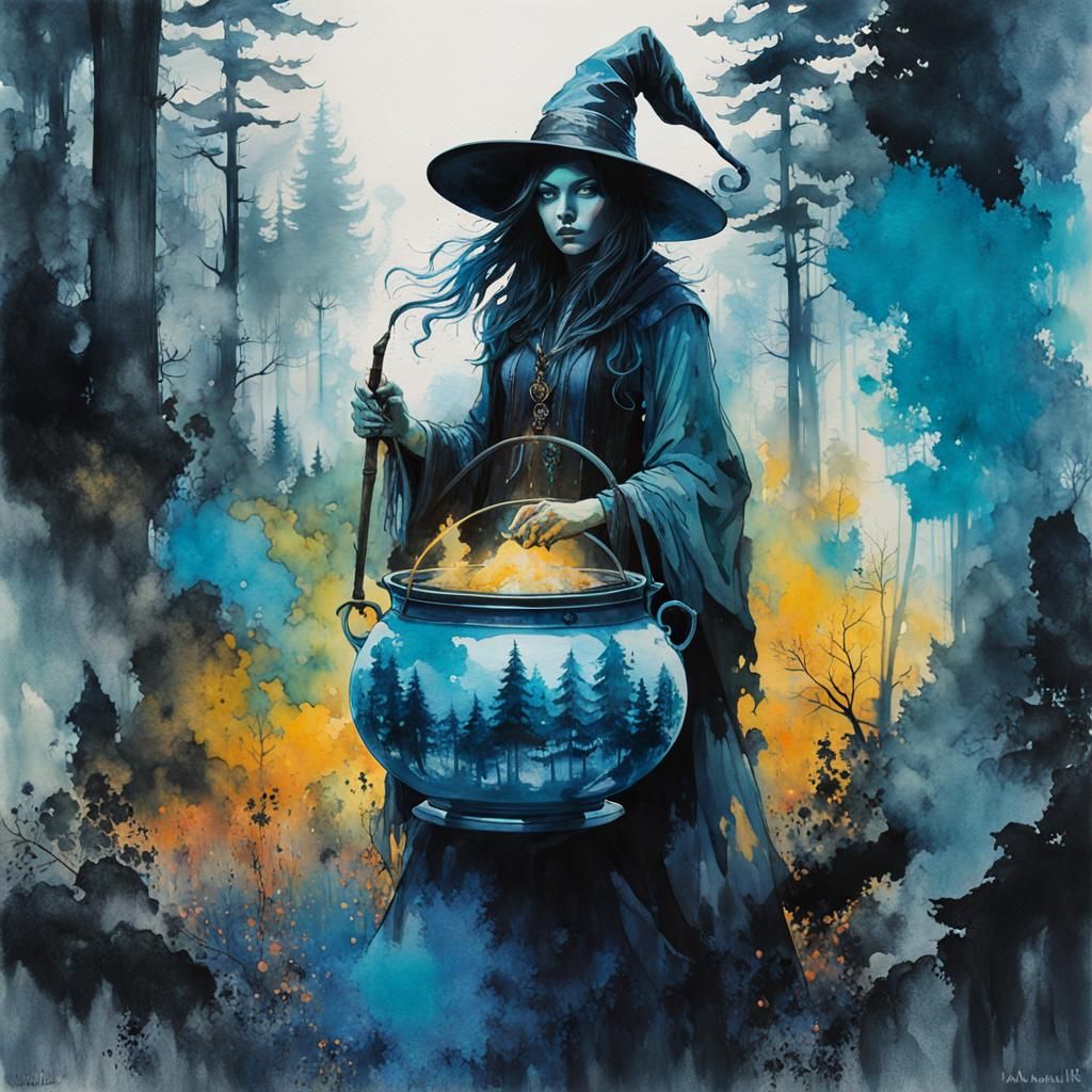Mystic Witch Portrait in Double Exposure Watercolour