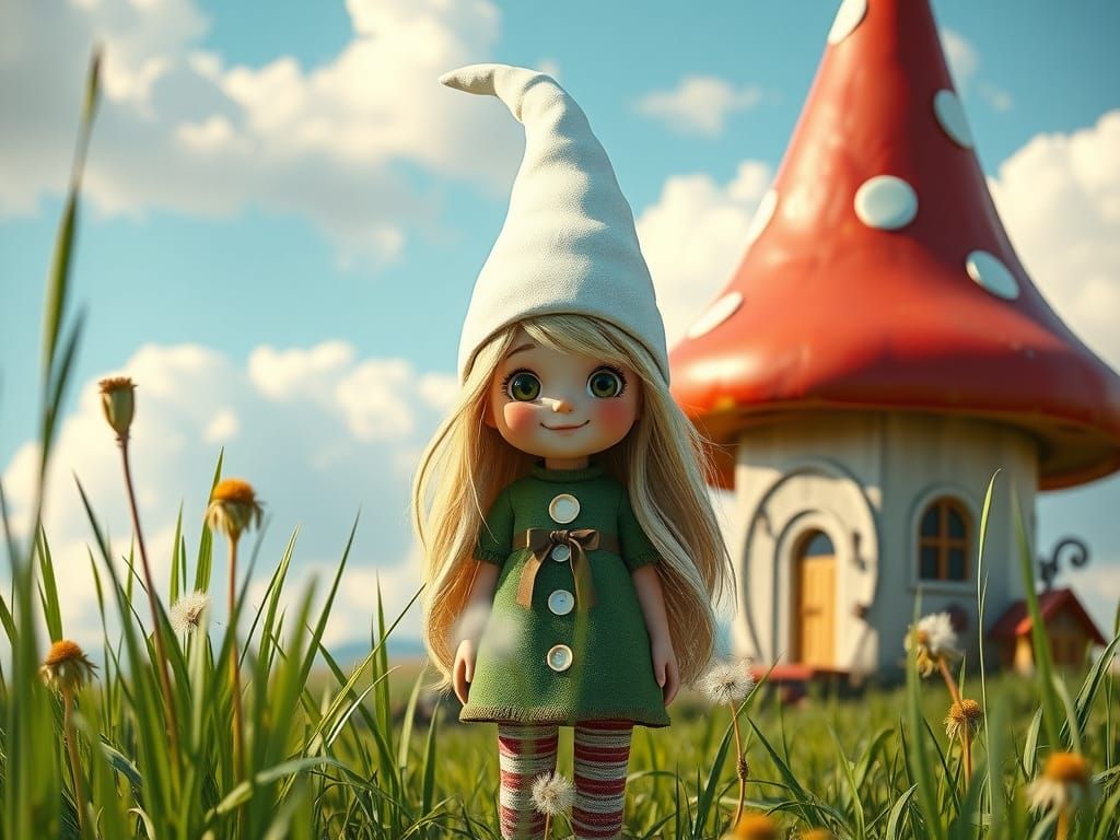 Enchanting Gnome Woman in Whimsical Mushroom Village