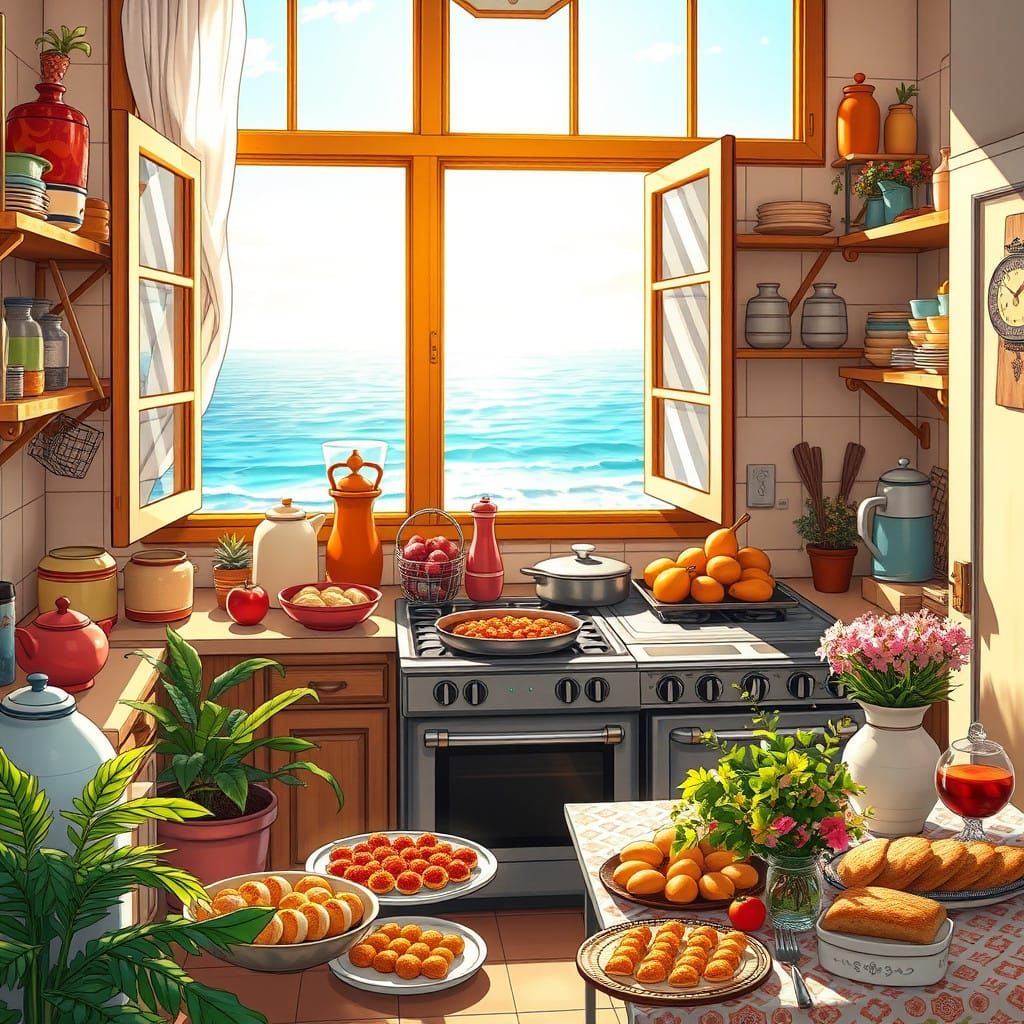 Vibrant Beachside Kitchen in Japanese Manga Style