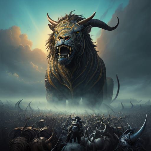 Sabertooth Smilodons Clash with Minotaurs in a Vibrant, Surr...