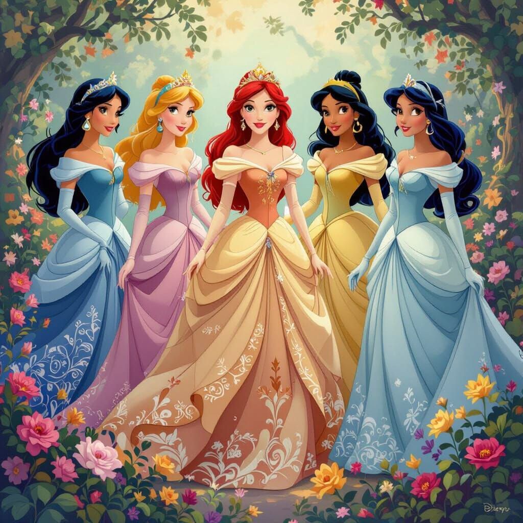 Disney Princesses in Whimsical, Vibrant Style